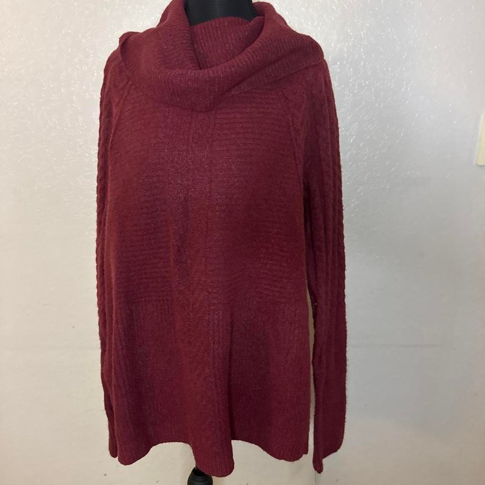 Burgundy cowl neck sweater with textured knit
